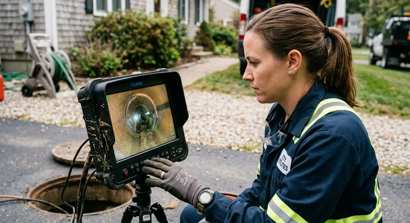 Technician reviewing sewer camera inspection footage in Battlefield