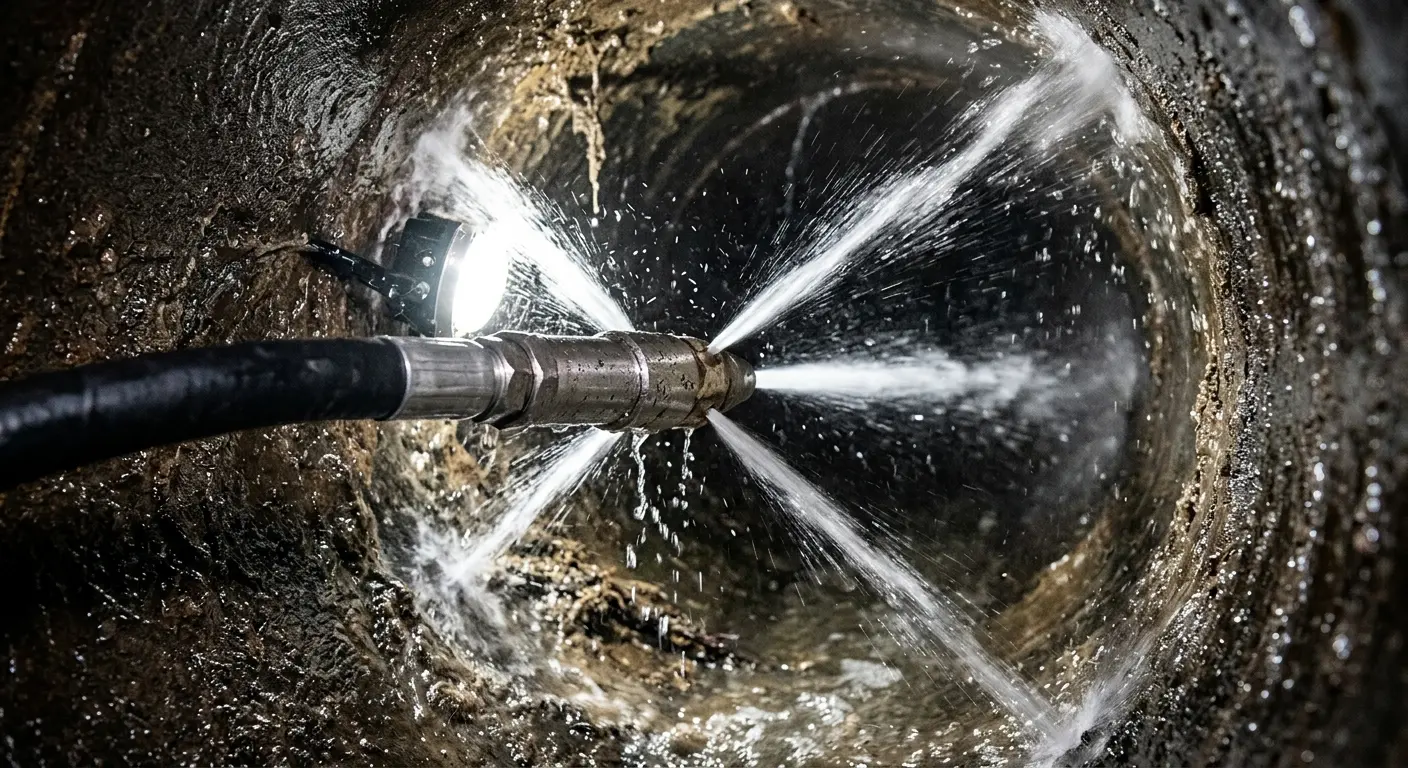 High-pressure hydro jetting nozzle cleaning sewer pipe for Sewer Cleanout in Battlefield
