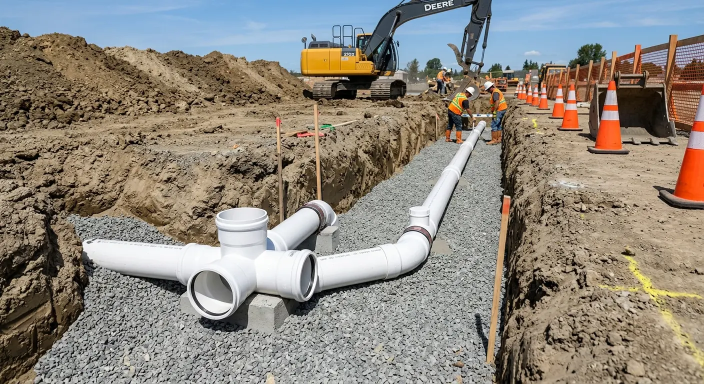 New PVC sewer pipe installation in open trench for Sewer Backup in Battlefield