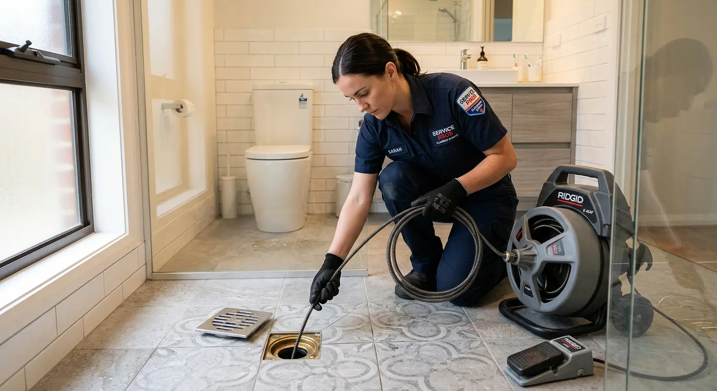 Technician clearing a bathroom floor drain for Hydro Jetting in Battlefield